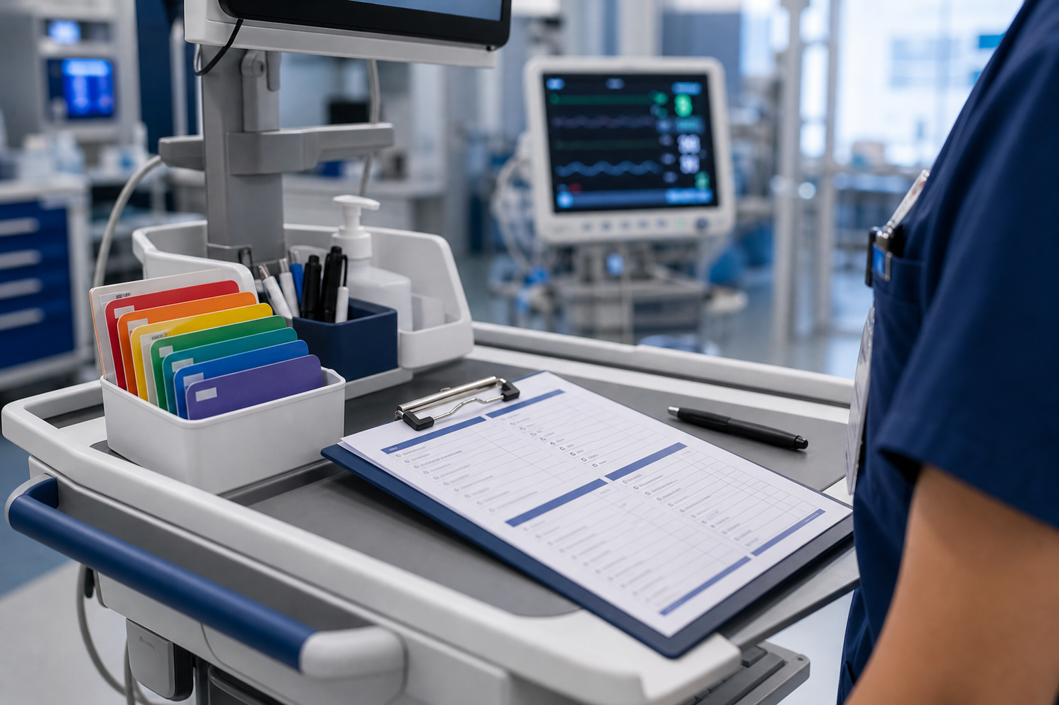 Bedside workstation-on-wheels with shift organizer and clinical monitor