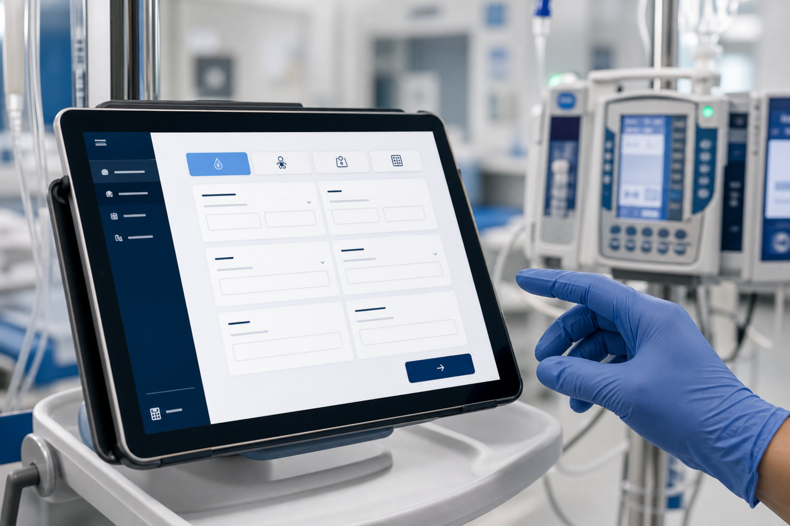 Tablet clinical calculator interface on a hospital cart