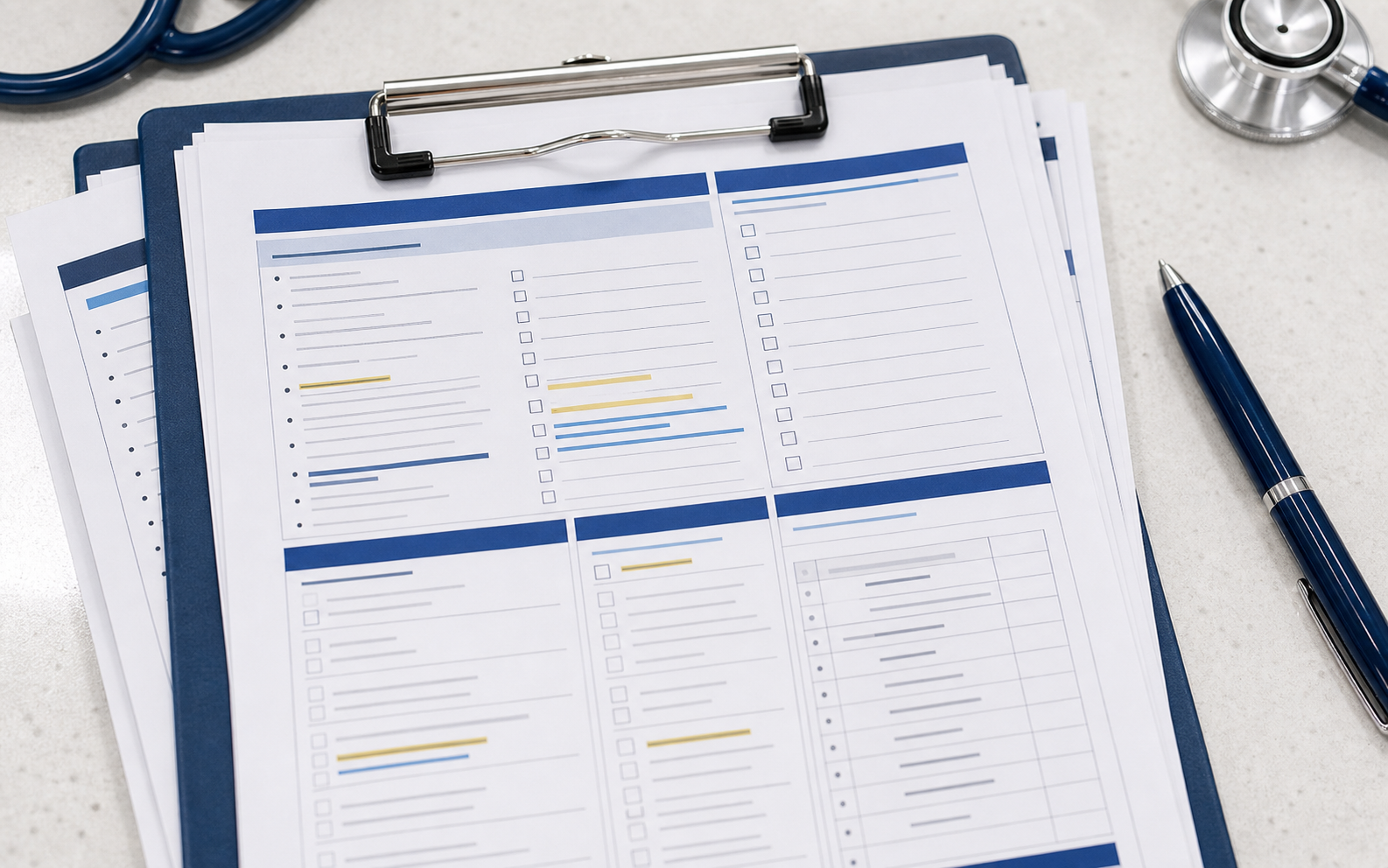 Close-up stack of printable nursing brain sheets and checklists